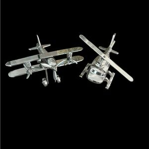 Art Deco Polished Aluminum‎ Silver Airplane and Helicopter Figurines